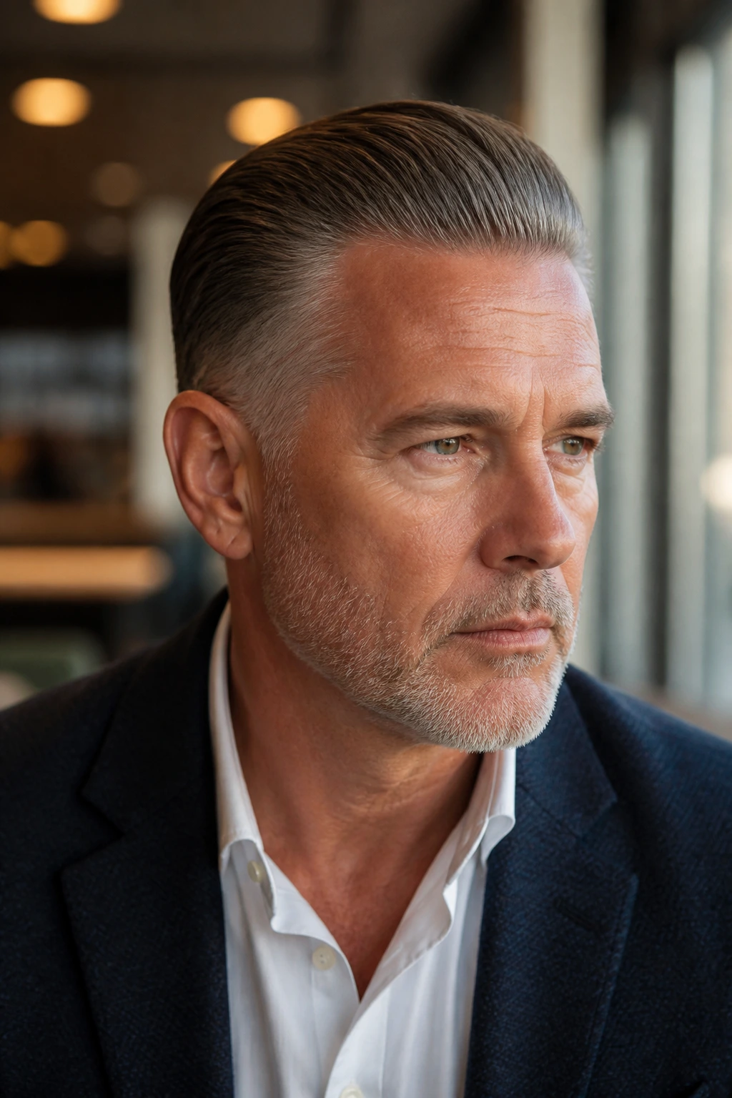 Portrait of man with a tapered slick-back hairstyle and matte finish