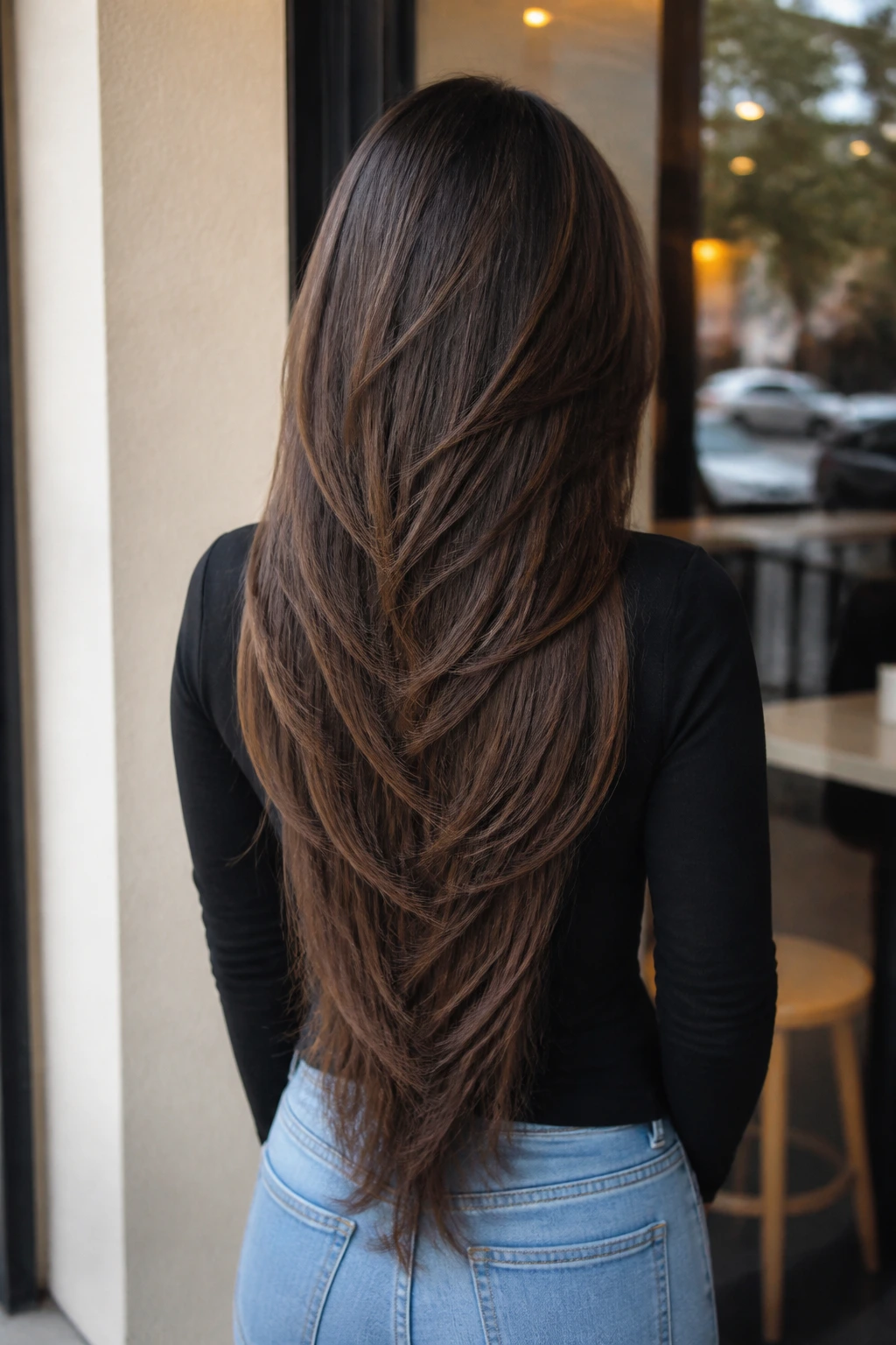 Back-of-head view of a real woman showing tapered tail layers on long hair