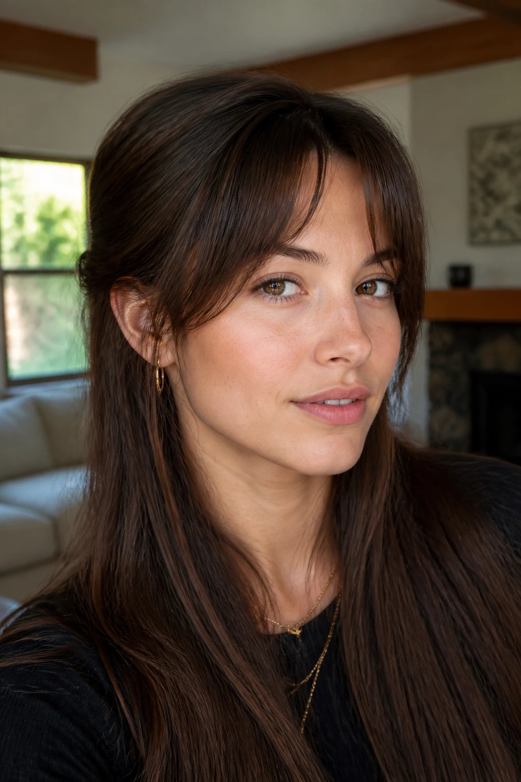 Close-up of a person with tapered temple bangs in a cozy home setting.