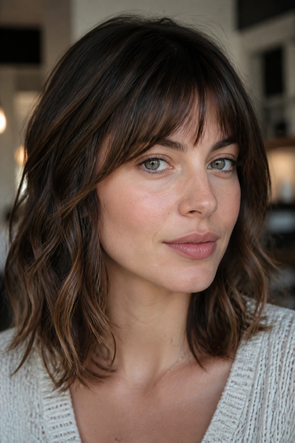 Close-up portrait of a real woman with tapered temple-framing fringe.