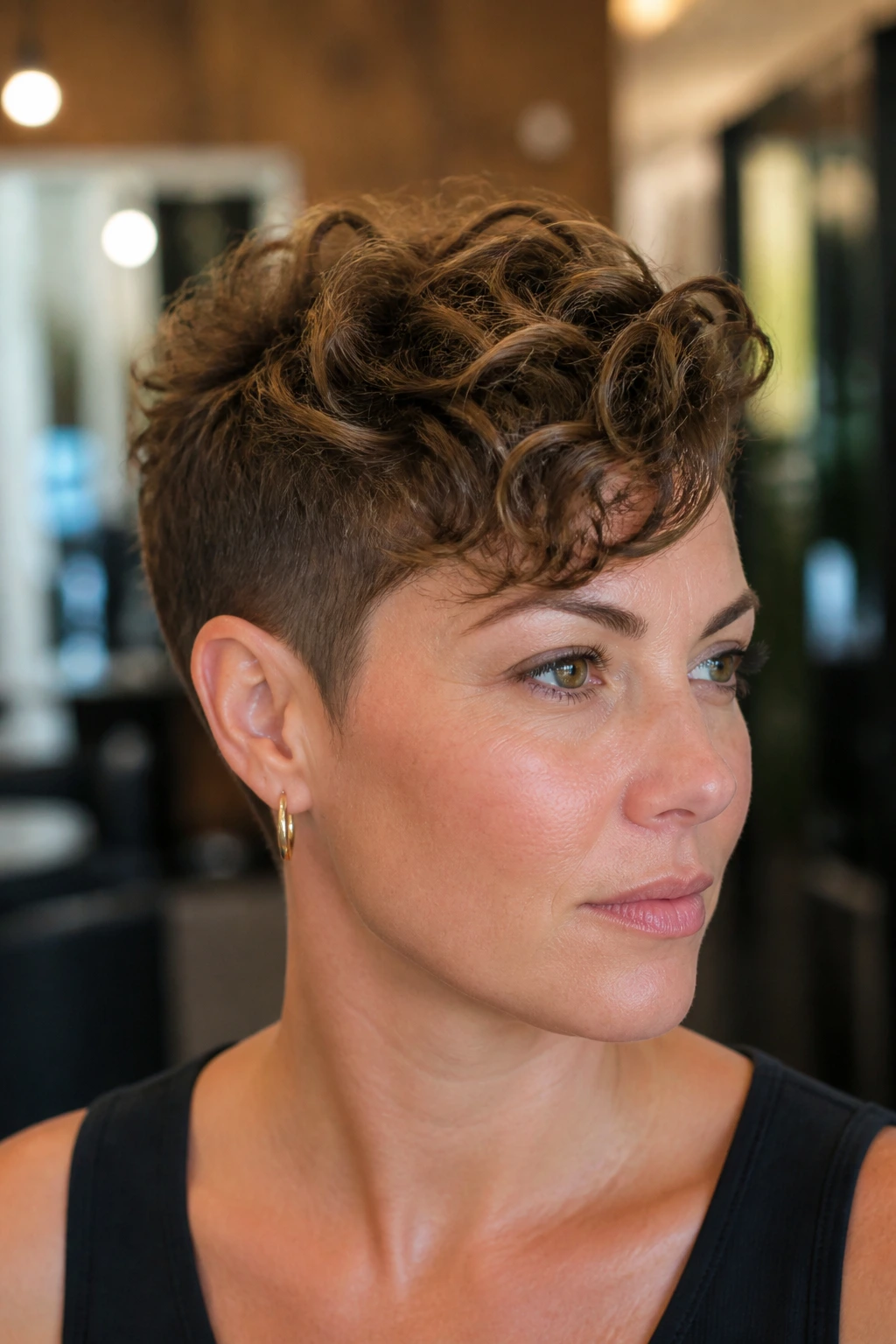 Close-up of a real woman with tapered temple pixie and swooped front in a salon.