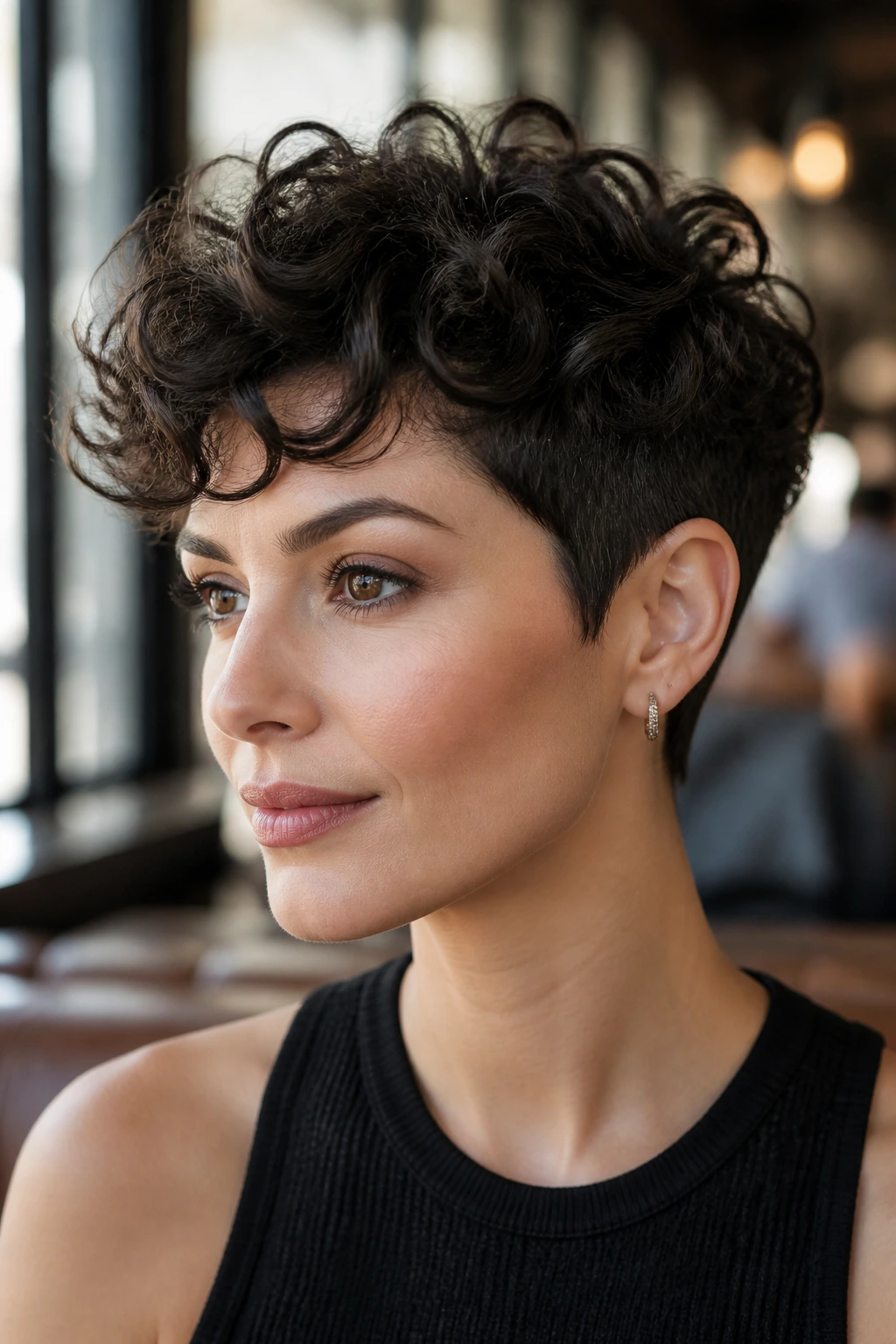 Close-up of a real woman's tapered temple pixie with clean side contours.