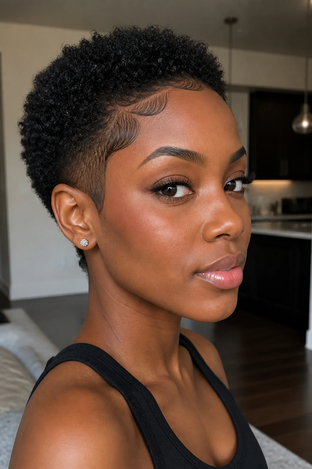 Close-up portrait of a real person with tapered TWA and sculpted edges