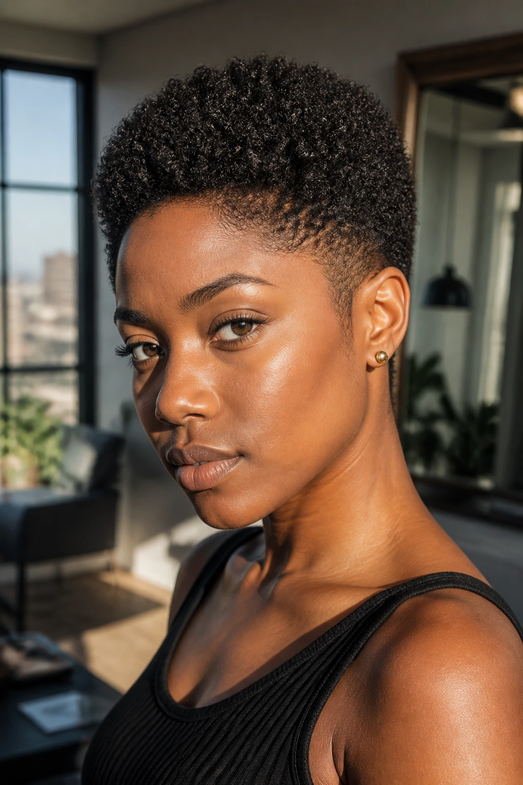 Close-up of a Black woman with a tapered TWA hairstyle in warm light
