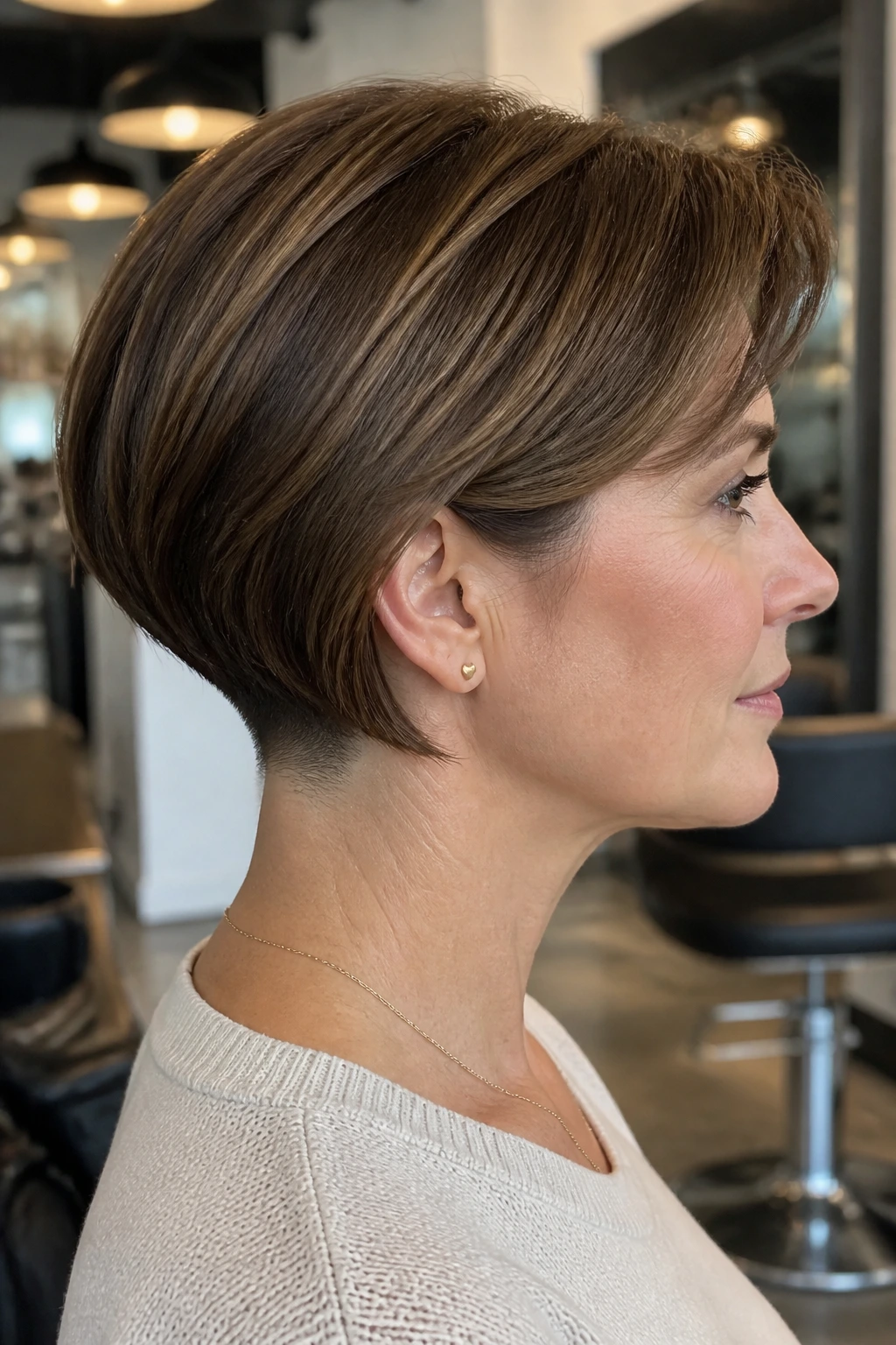 Close-up portrait of a real woman with a tapered undercut bob.