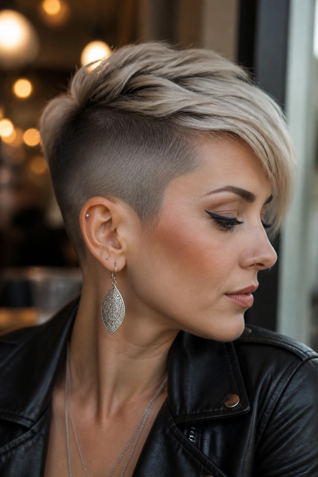 Portrait of a real woman with a tapered undercut pixie.