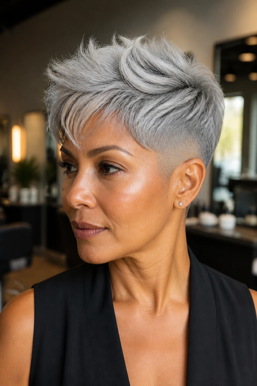 Close-up portrait of a real person with a tapered undercut pixie and silver top in a salon setting