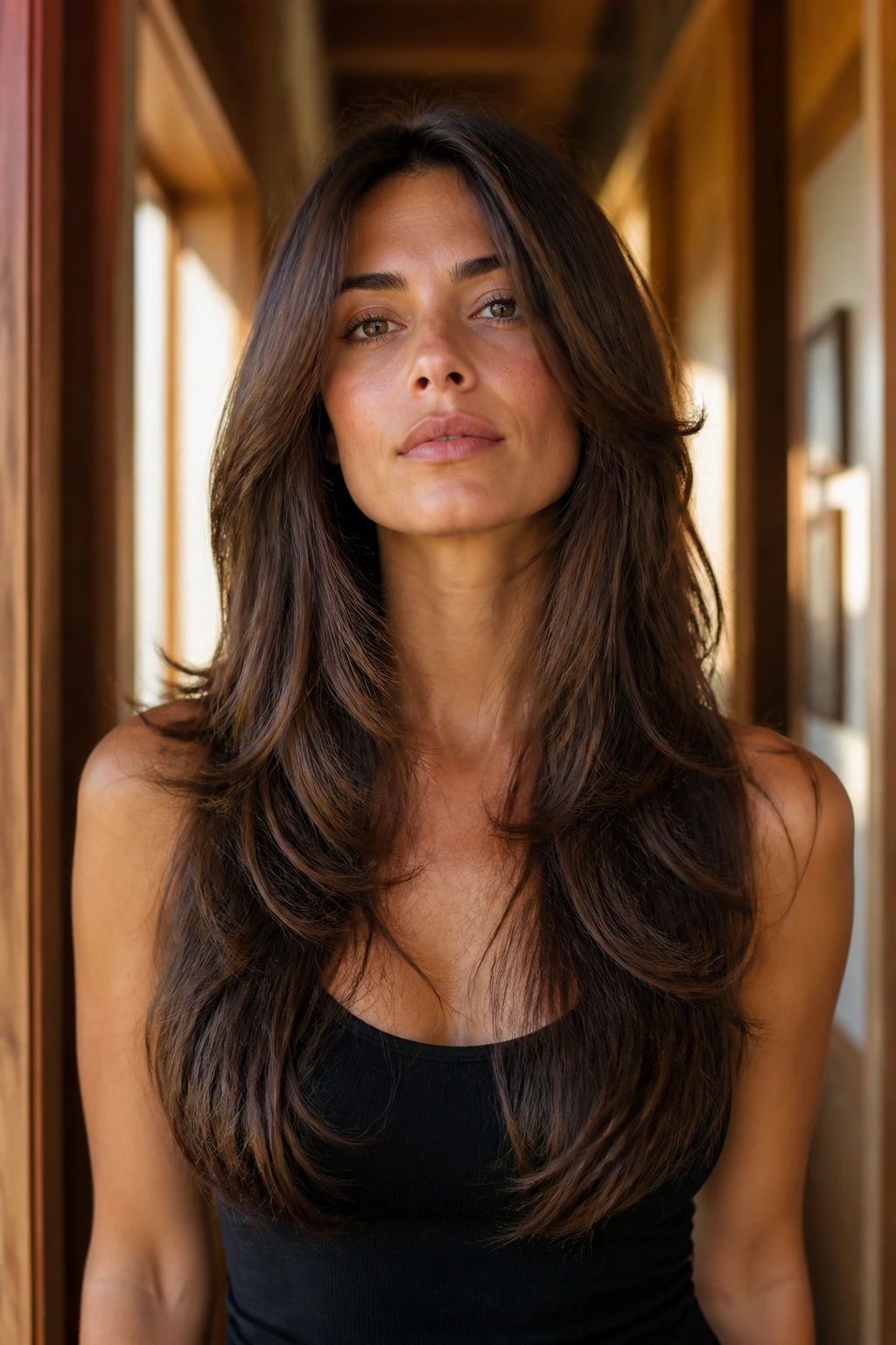 Close-up of a real woman with tapered V-cut layers