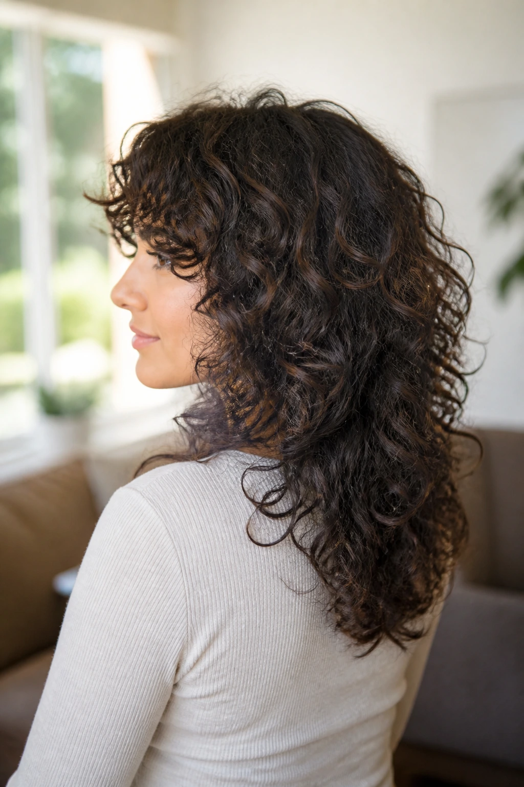Side-profile portrait of a real woman with tapered V layers on thick curly hair.
