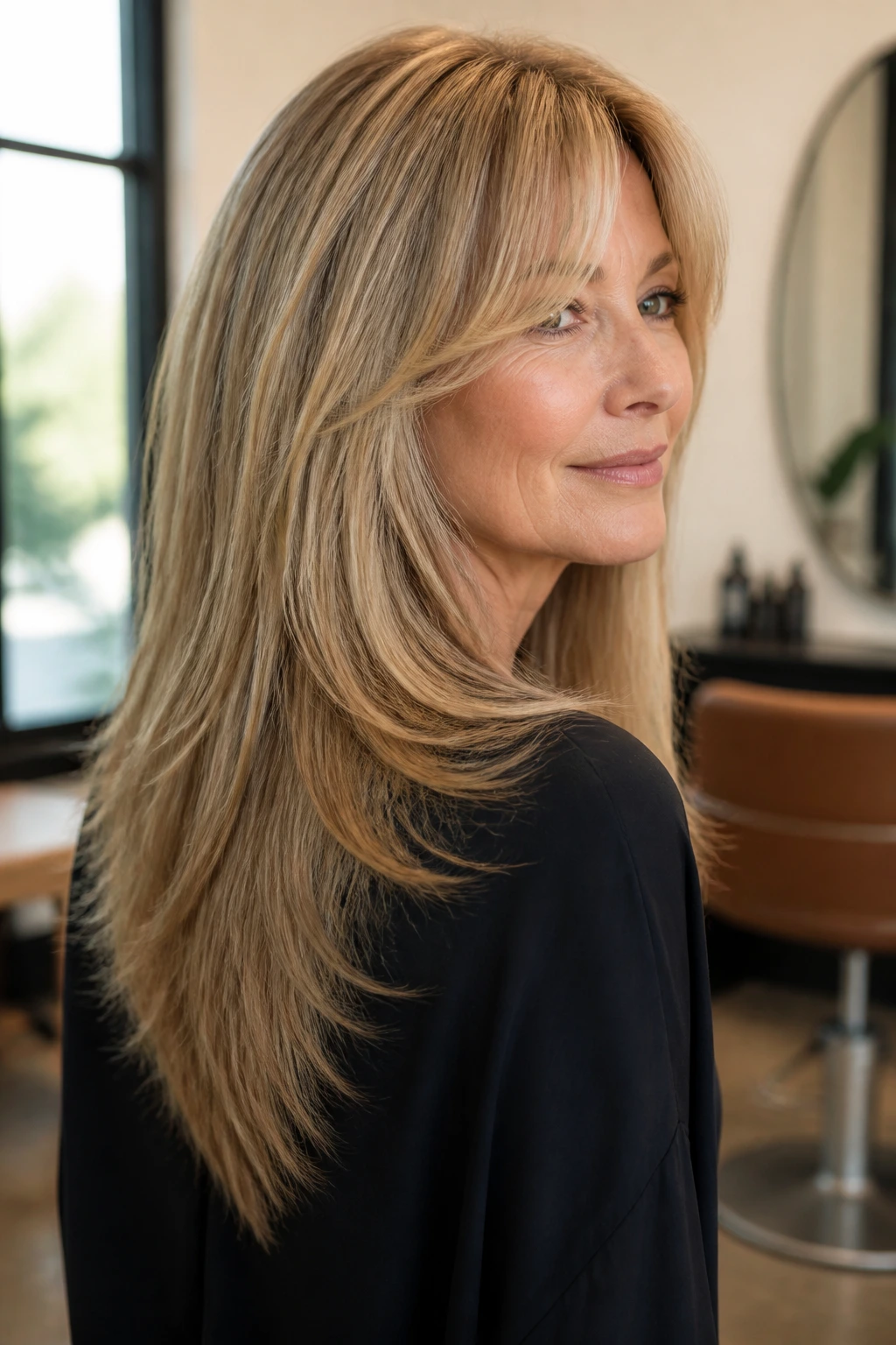 Close-up portrait of a real woman with a tapered V-shape hairstyle and curtain bangs in natural light.
