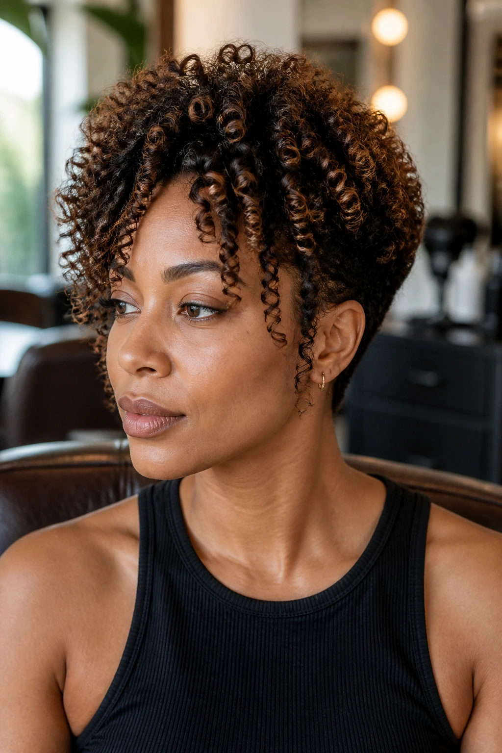 Close-up of a real woman with tapered-cut wand curls framing the face