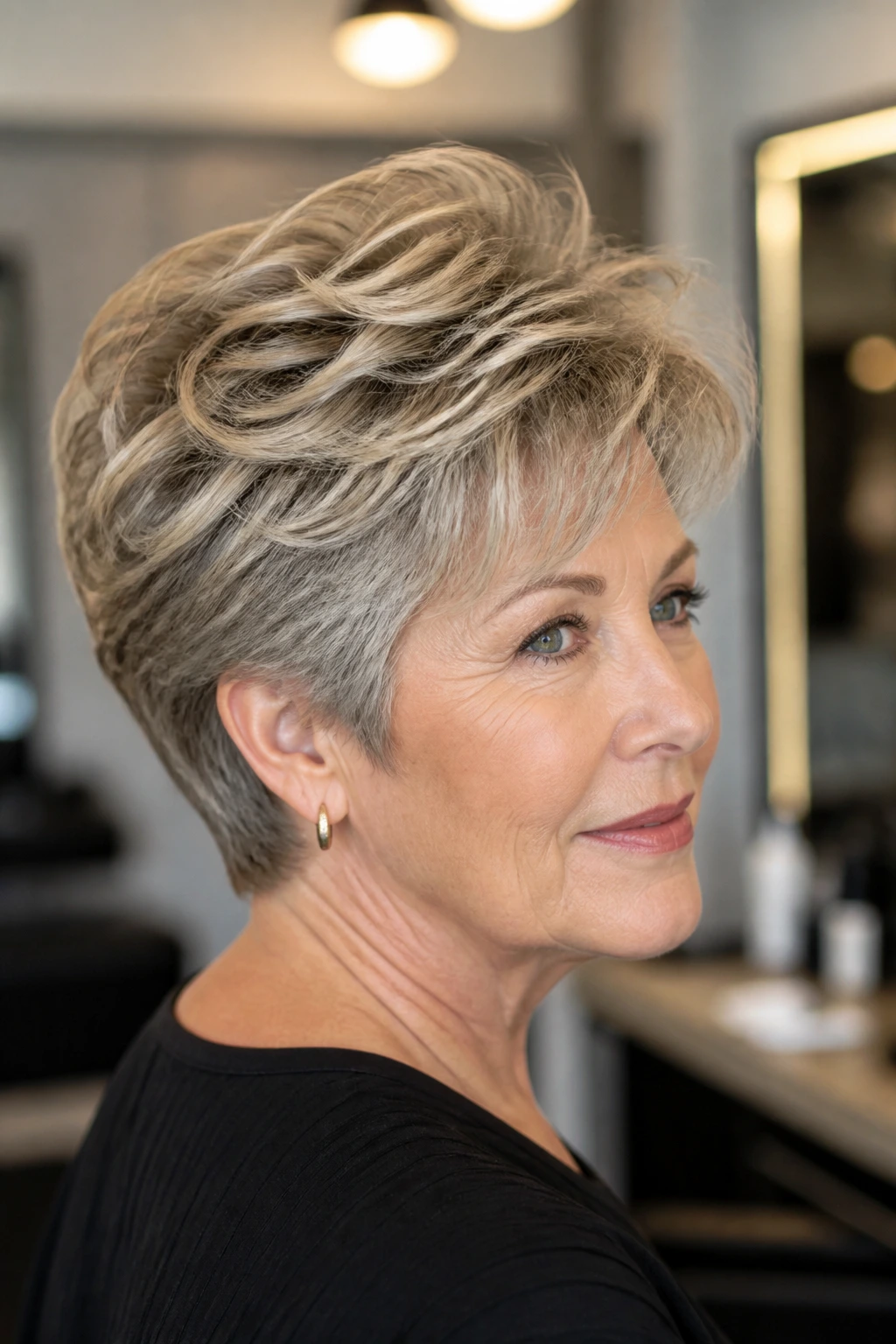 Close-up of a real woman with a tapered wedge and crown height.