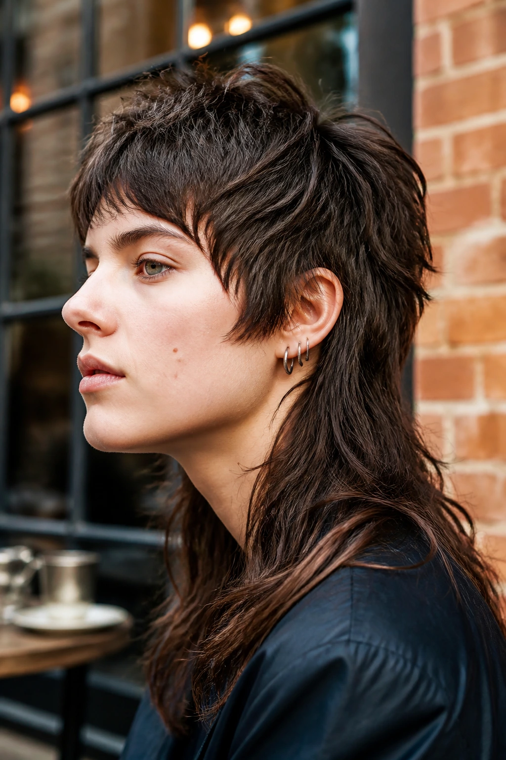 Close-up portrait showing crown-short and nape-tapered wolf shag on thick hair, in a cafe window setting.