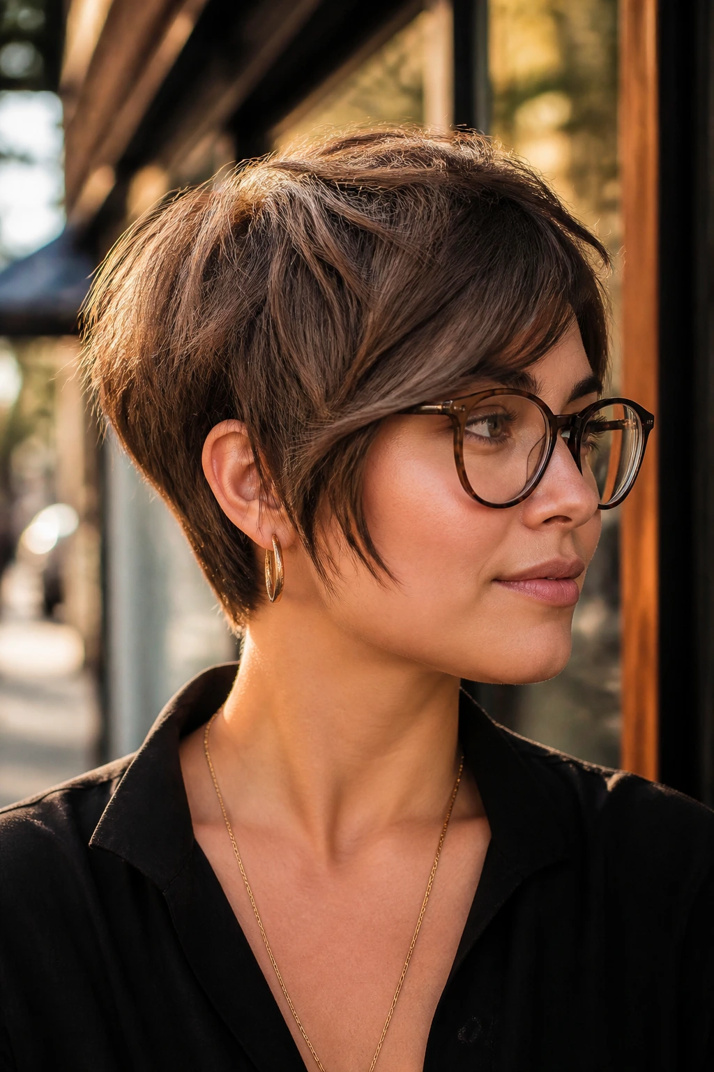 Close-up portrait of a real person with a tapered pixie bob.