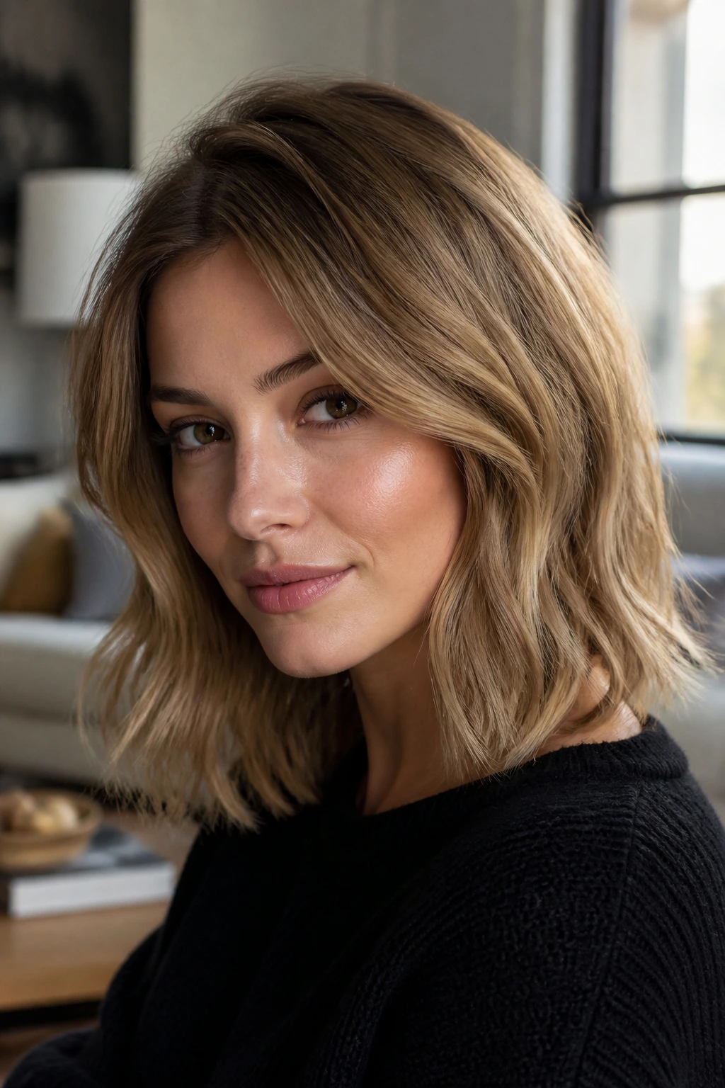 Close-up of a real woman with tarnished gold lob color in soft window light