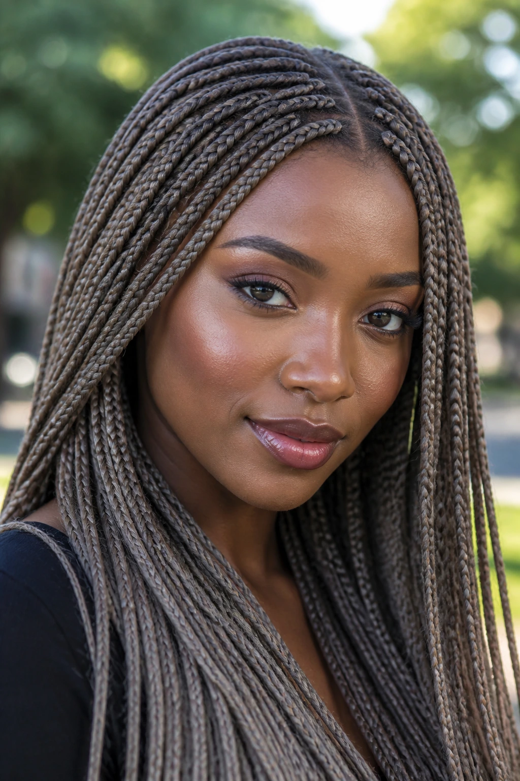 Close-up of a real woman with taupe ash knotless braids outdoors.