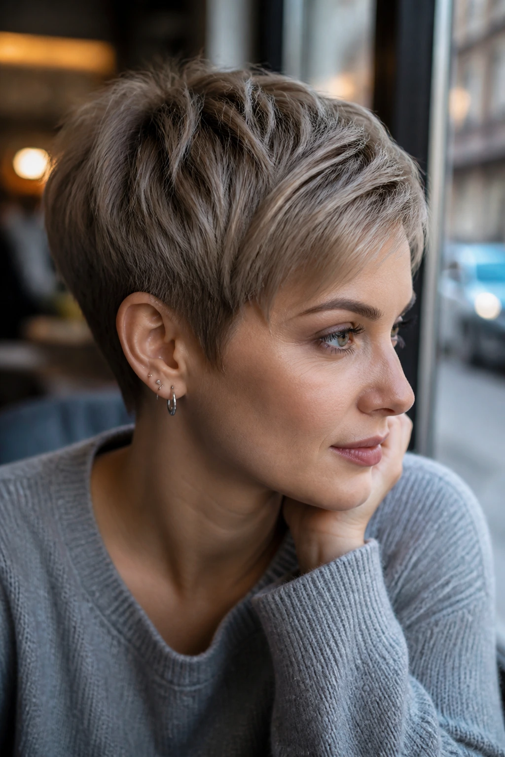Close-up of a real person with cool taupe ash short crop hairstyle