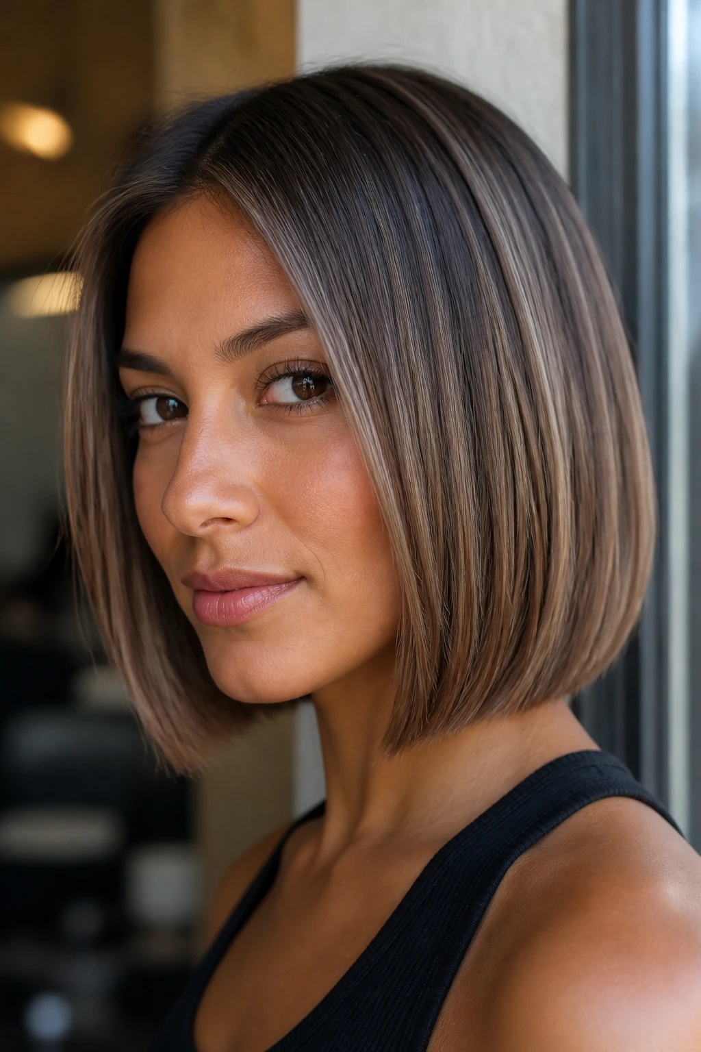Medium close-up of a real woman with taupe babylights in a blunt bob