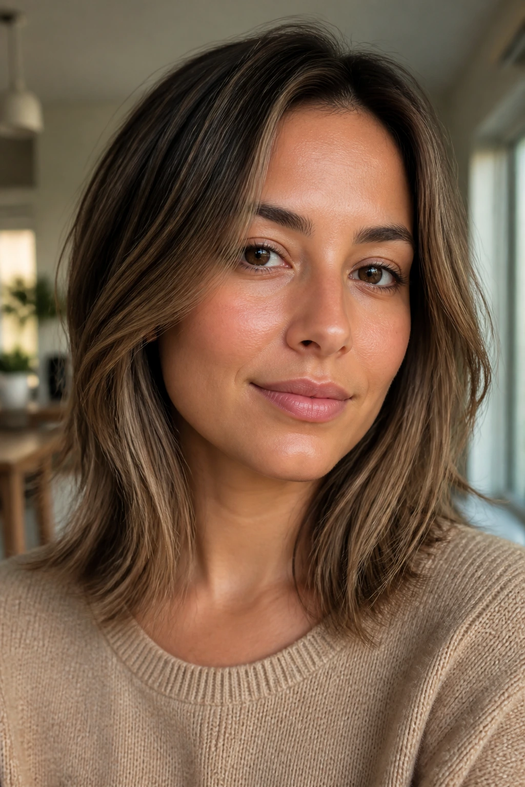 Close-up of hair with taupe babylights on olive skin.