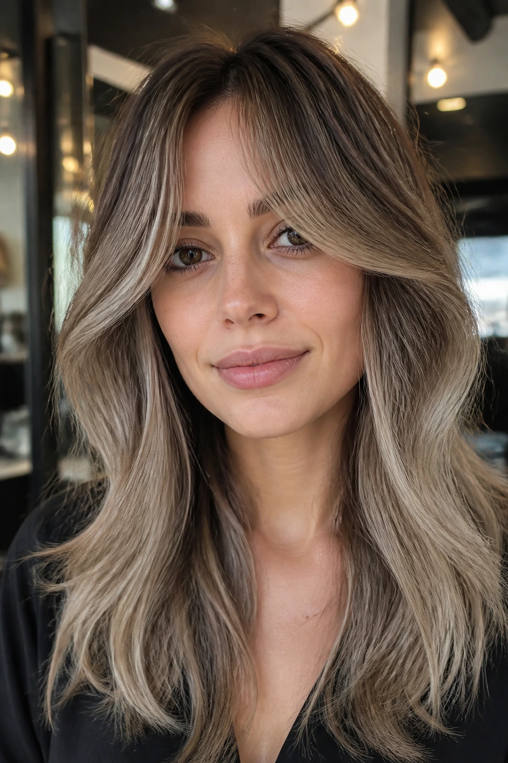 Real woman with taupe blonde contour highlights and curtain bangs in natural light