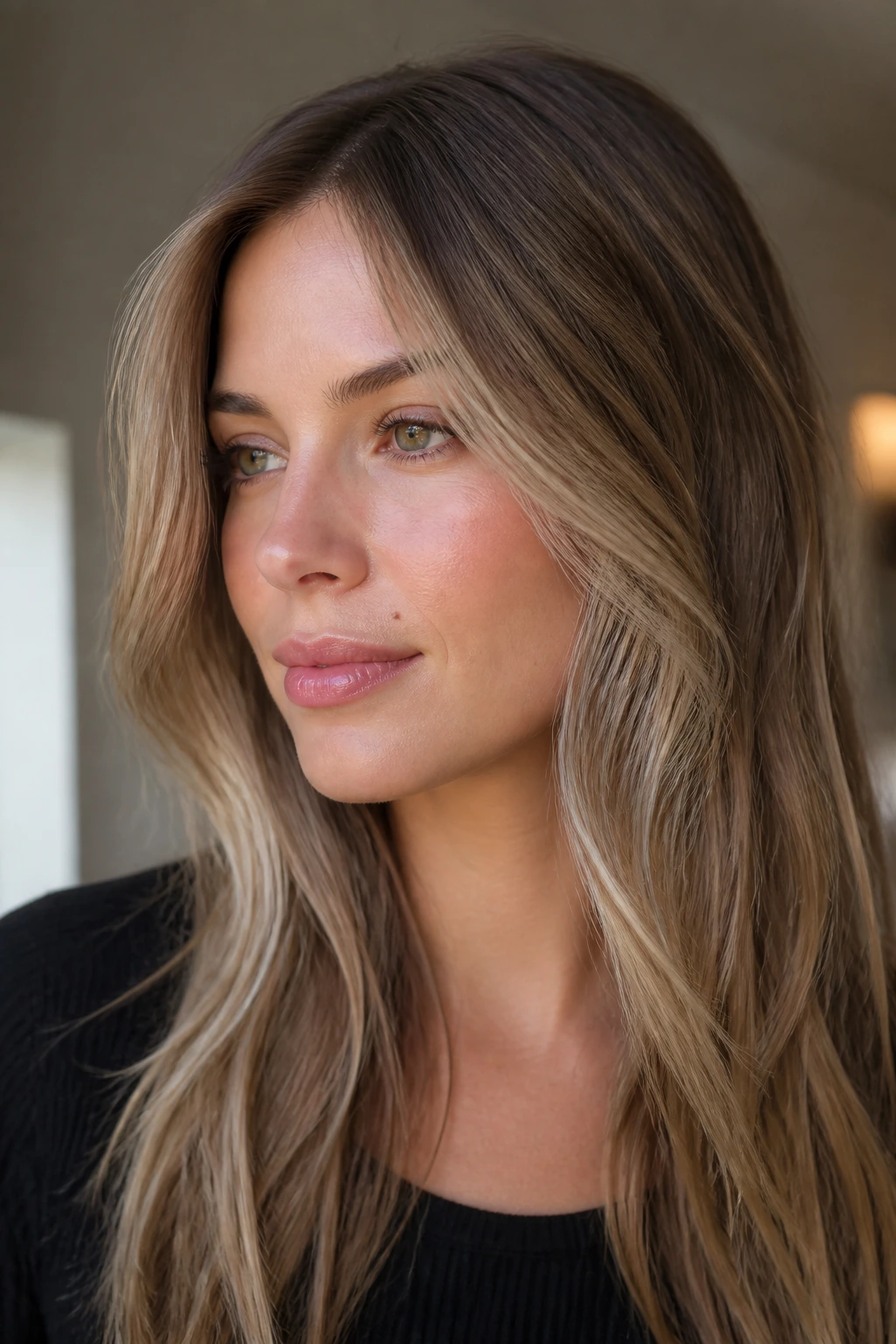 Close-up of taupe face frames on dark blonde hair highlighting the cheekbones