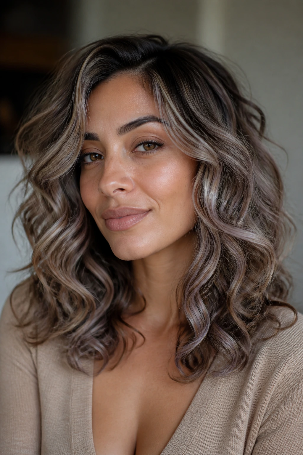 Close-up of a real woman with taupe ribbon highlights in curly hair