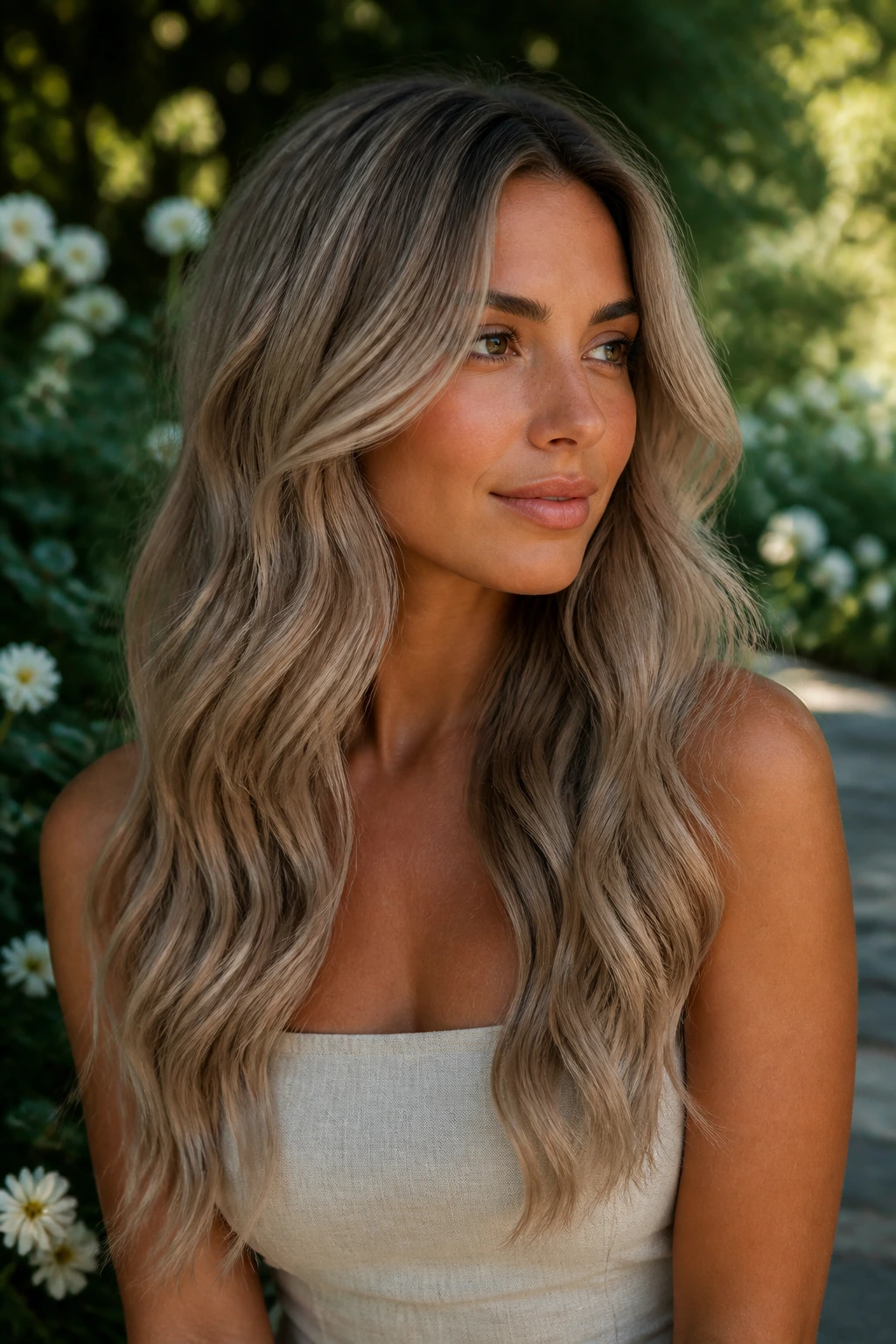 Real woman with soft taupe blonde waterfall waves