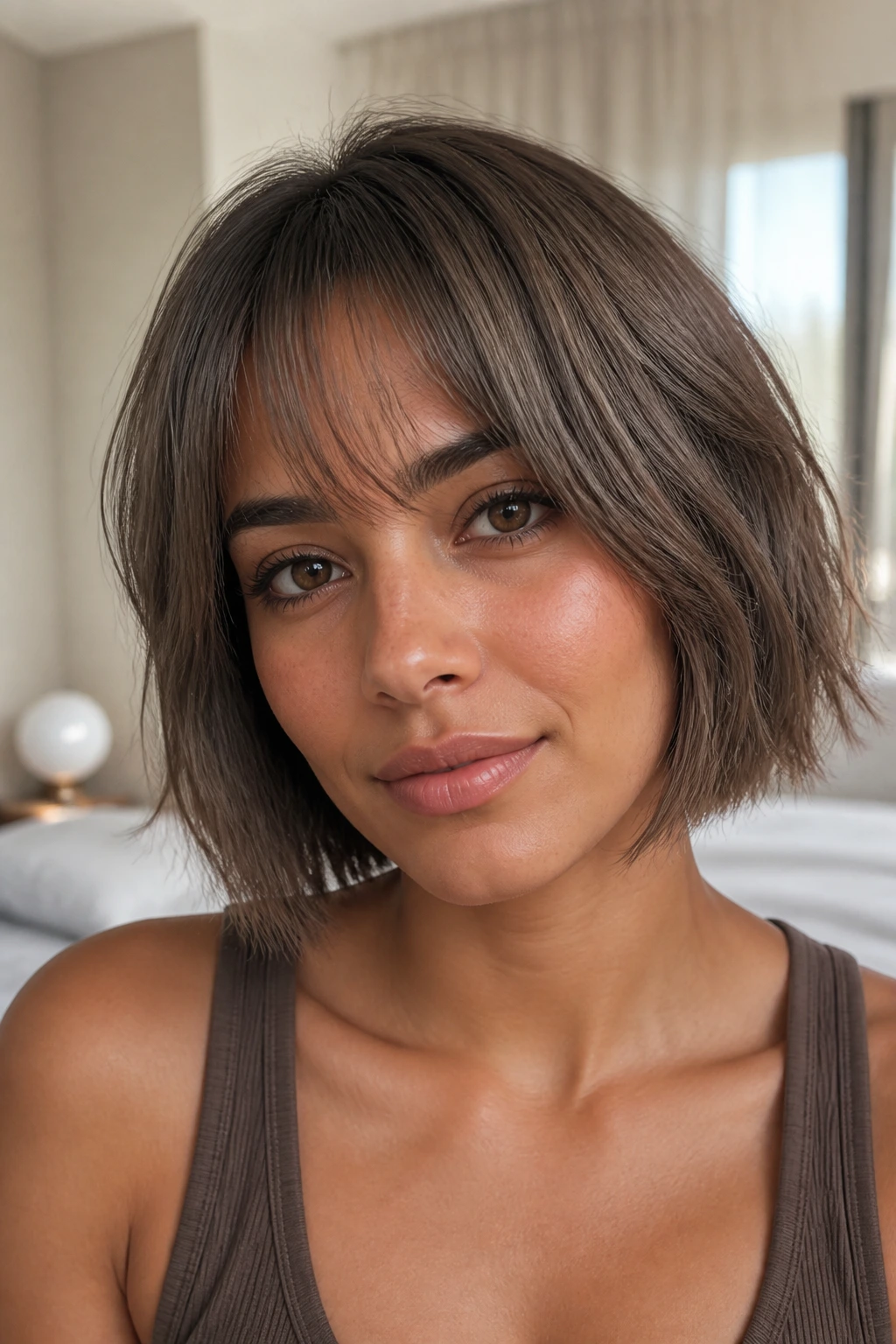 Close-up of a real woman with a cool taupe bob and soft fringe