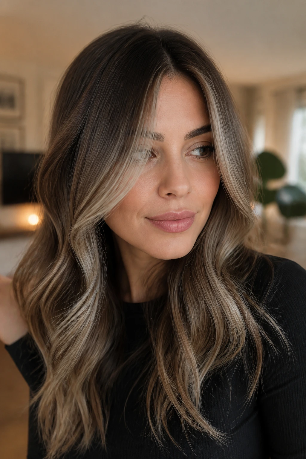 Close-up of a real woman's hair in cool taupe bronde framing the face