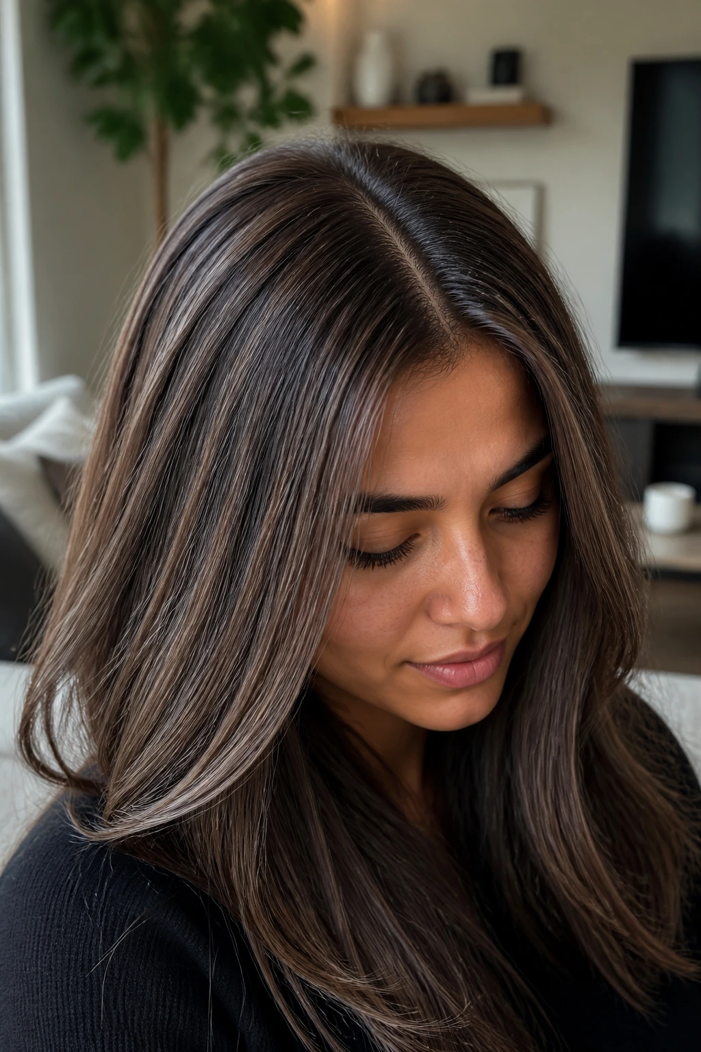 Close-up of a real woman with taupe brown babylights for a cooler finish.