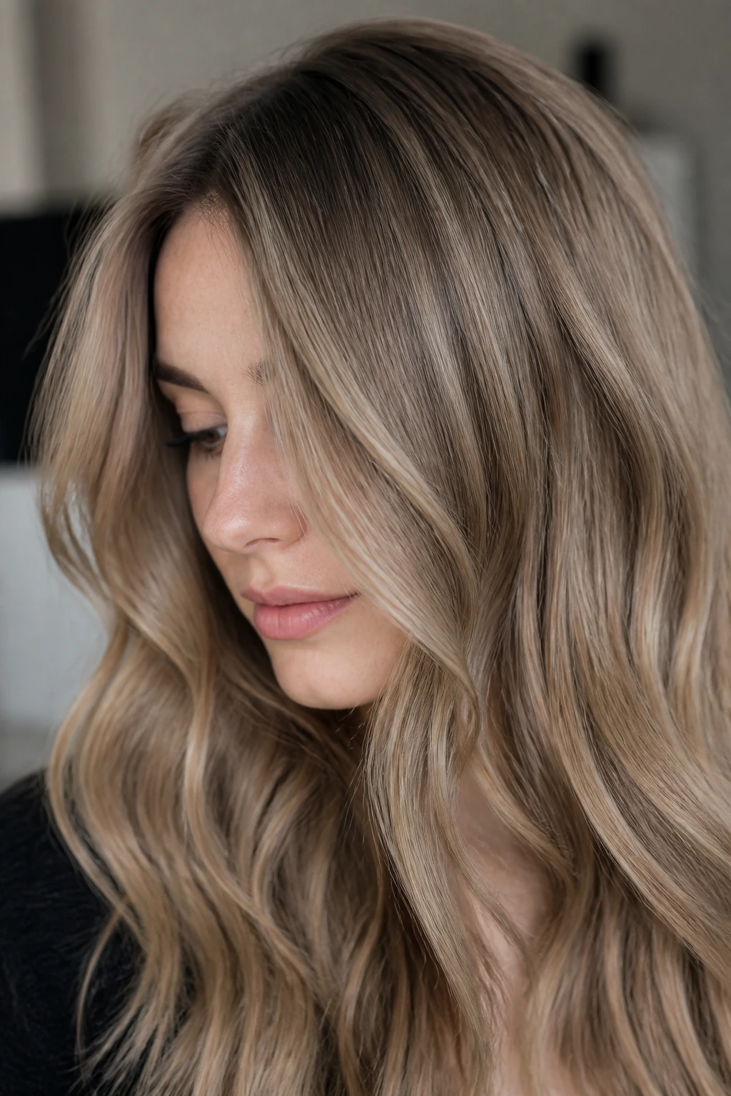 Portrait of a real woman with taupe brown blonde hair and blended roots