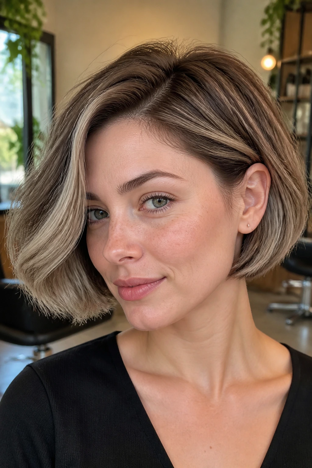 Close-up of taupe brown French bob with cream balayage on a real woman in a salon