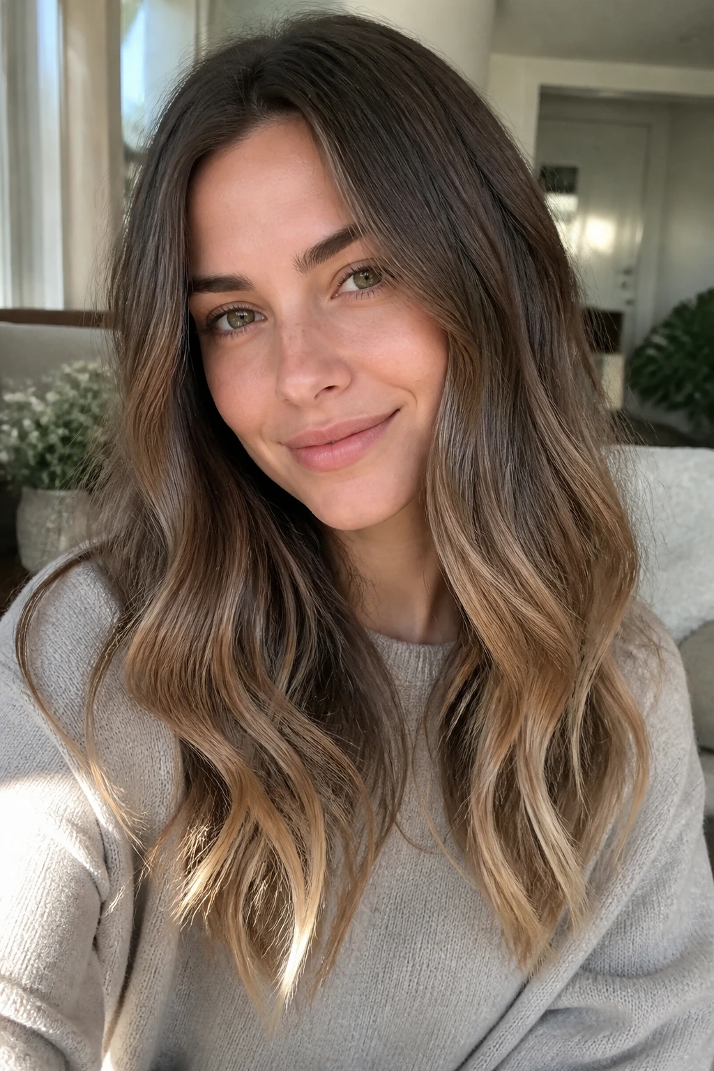 Close-up portrait of taupe brown hair with melted caramel ends in a daylight living room setting.