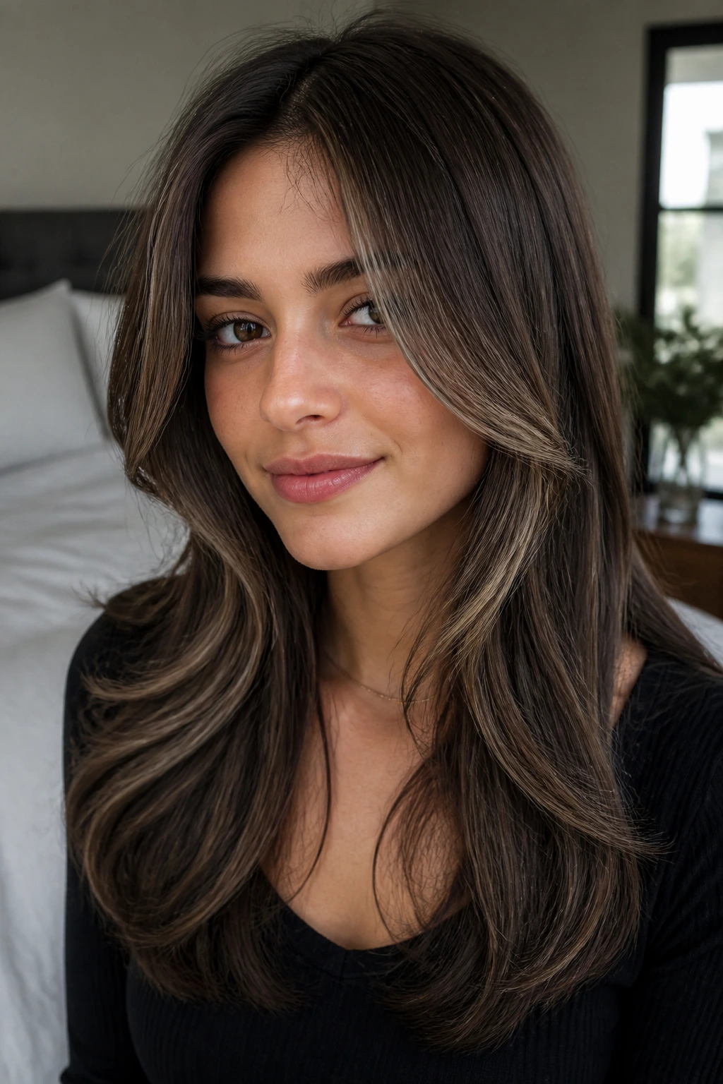 Medium close-up of taupe-brown face-framing layers on a real person.