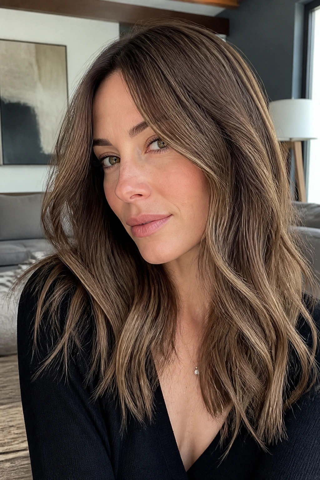 Close-up portrait of a real woman with taupe brown hair and light face-framing strands