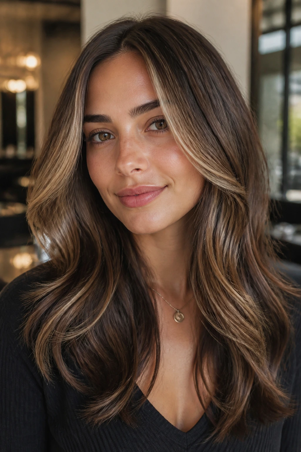 Close-up of a real person with taupe brown hair and subtle face-framing brightness.