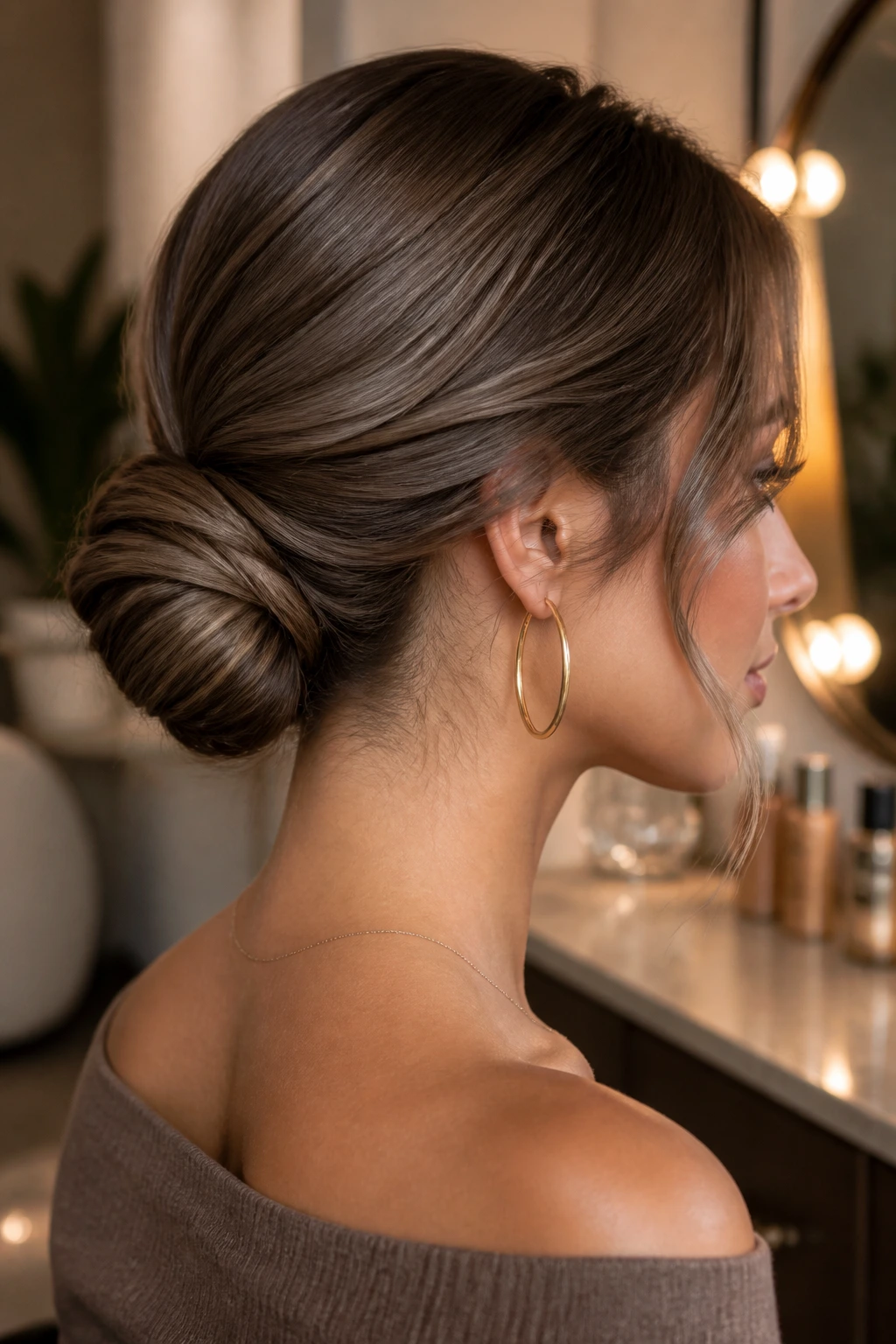 Profile of a person with taupe brown low bun and subtle nape lowlights