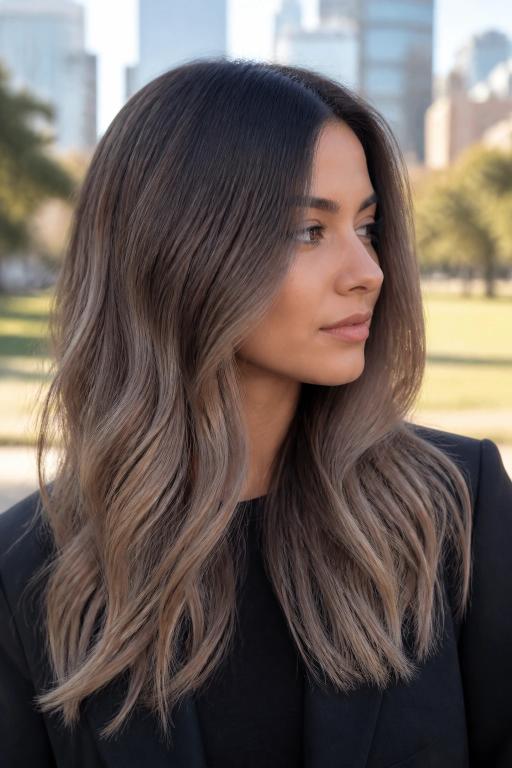Close-up portrait of a real woman with taupe brown melt hair gradient.