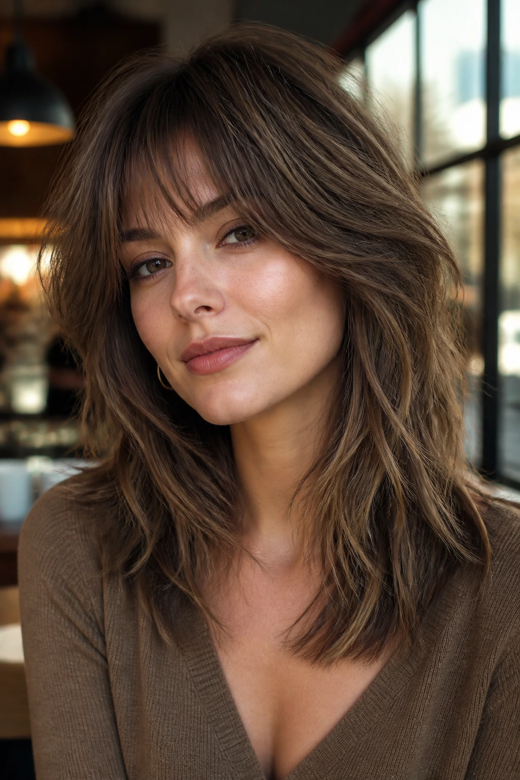 Close-up portrait of a person with taupe brown shag hairstyle