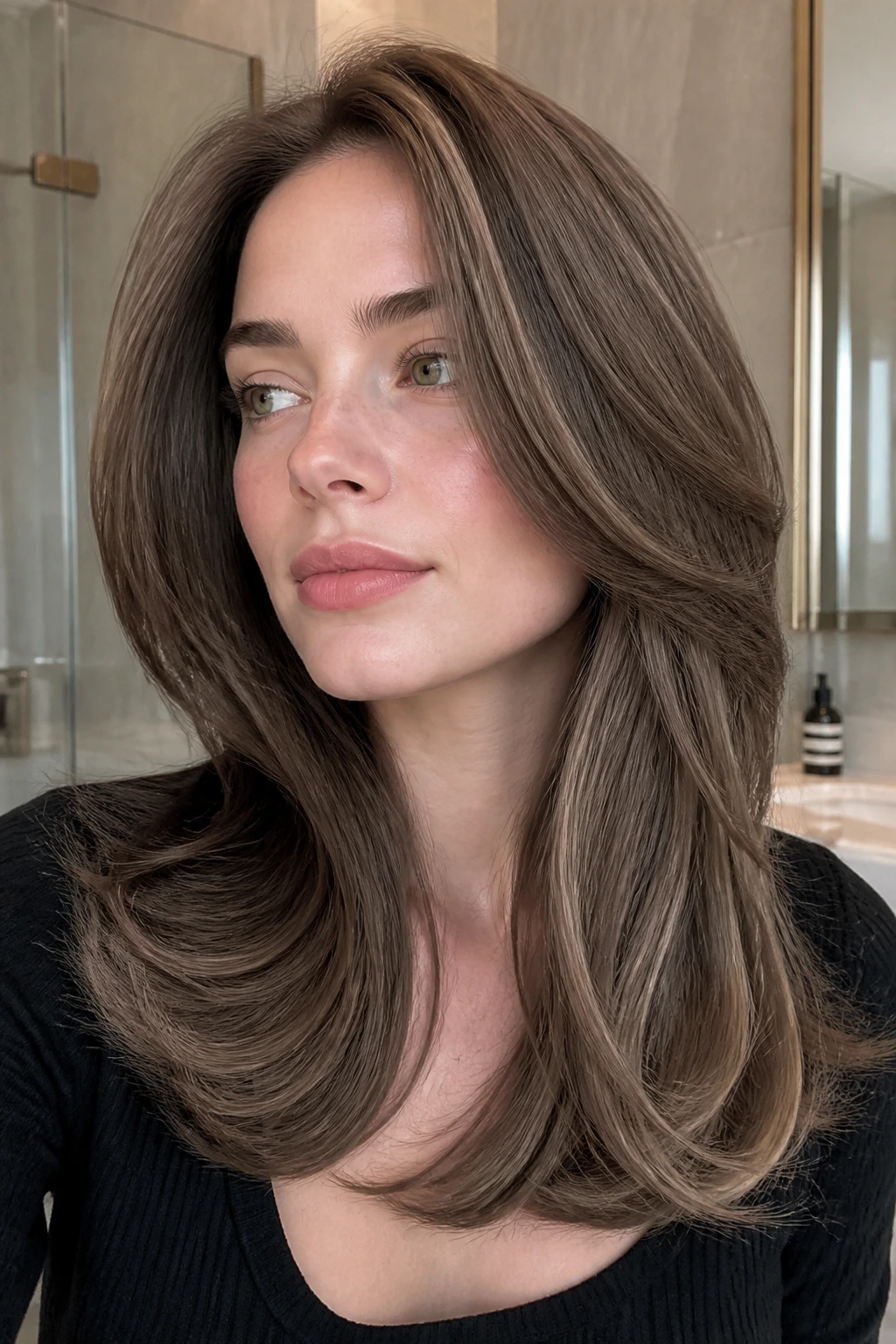 Real person with a taupe brunette blowout with glossy finish.