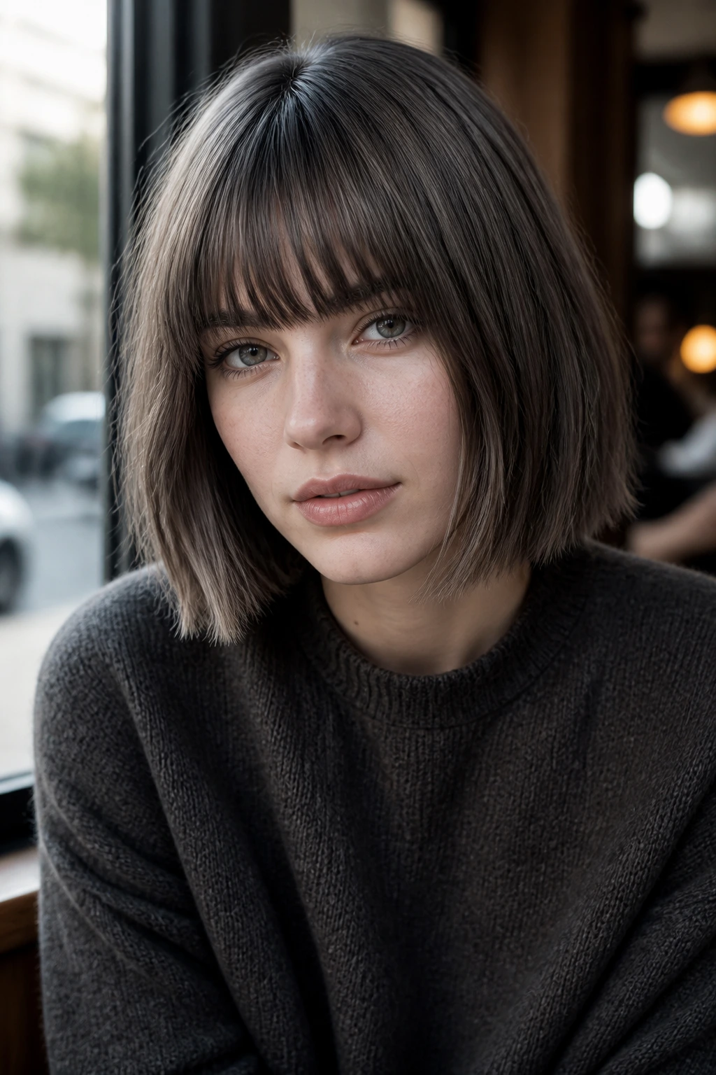 Close-up portrait of real woman with taupe brunette hair and blunt cut in cafe window light