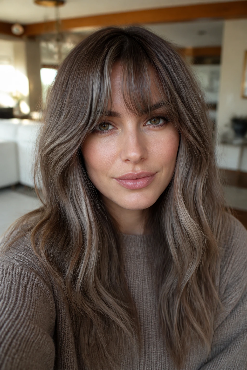 Close-up of a person with taupe brunette contour and bottleneck bangs