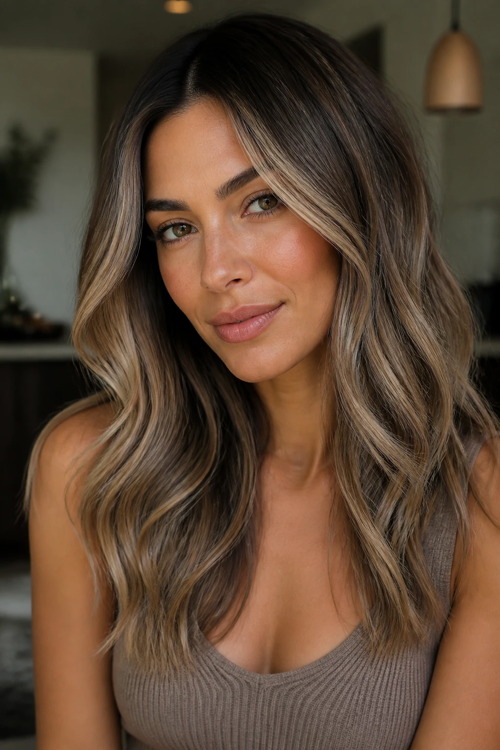 Close-up of a real woman with cool taupe brunette and pearl blonde highlights on olive skin