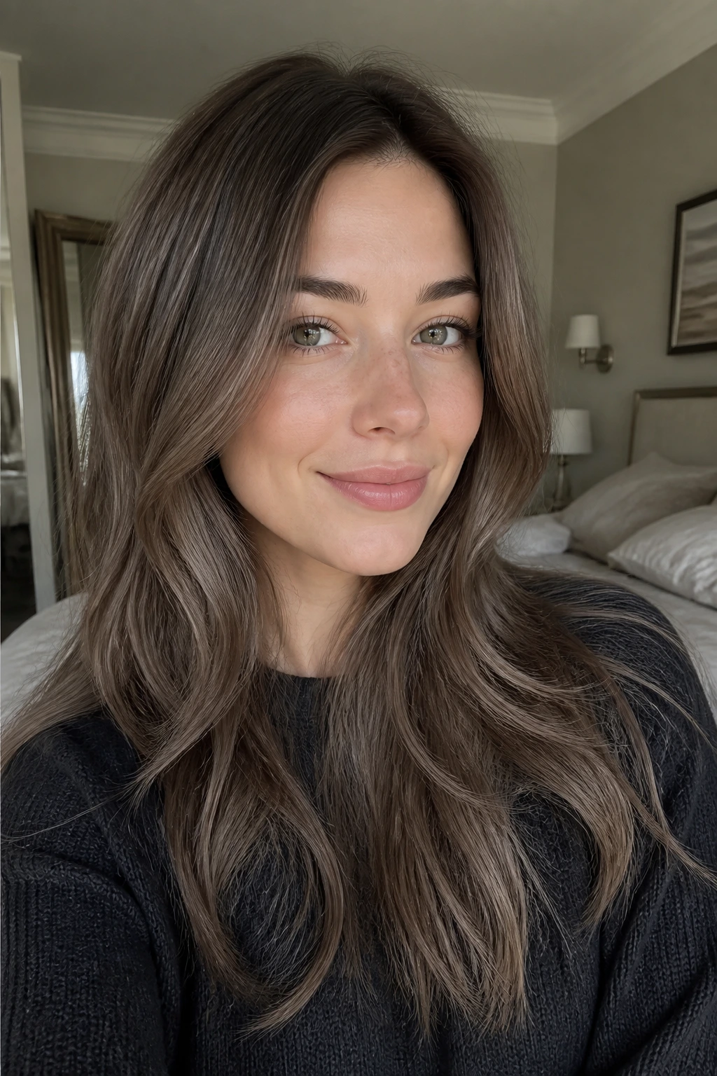 Portrait of a woman with taupe brunette hair and cool skin under window light.