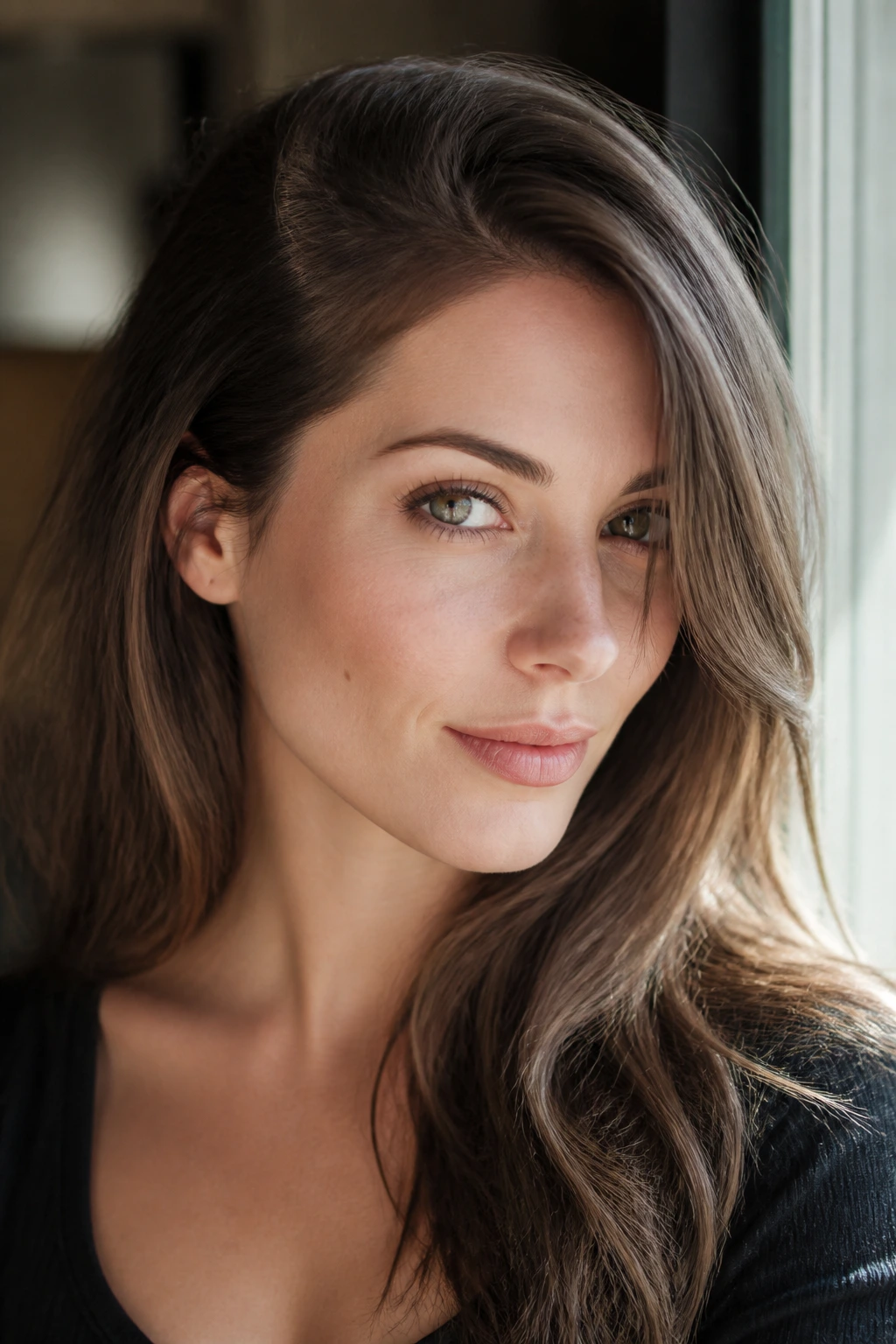 Close-up portrait showing taupe brunette side frame along the front.