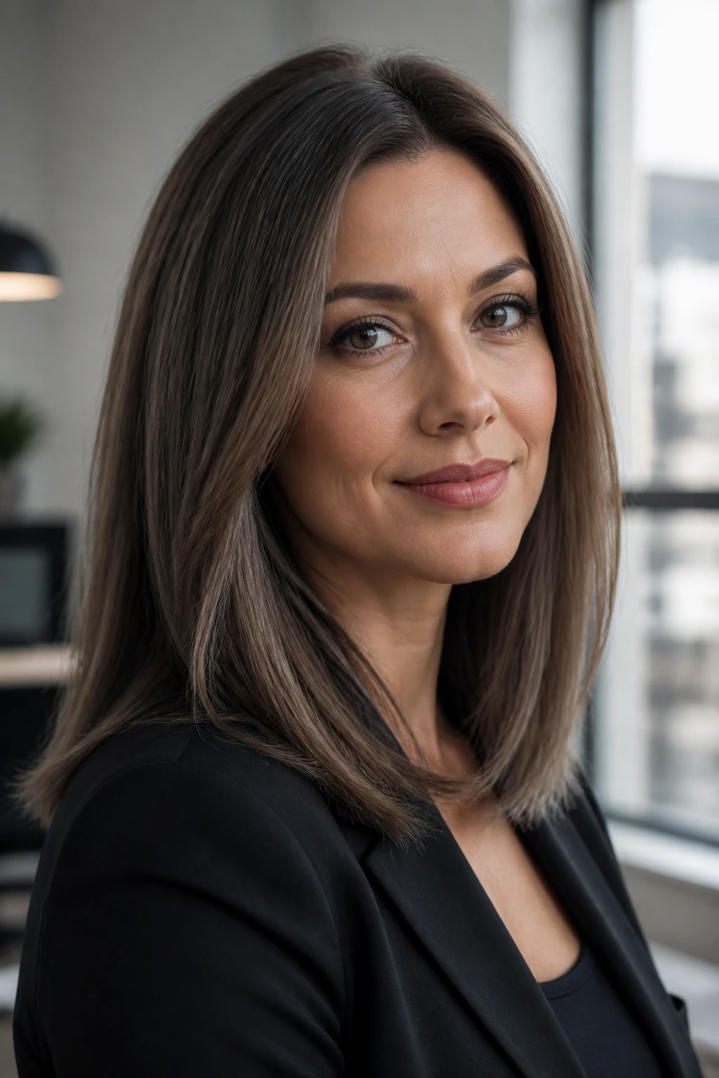 Close-up of taupe brunette sleek midlength hair with polished ends