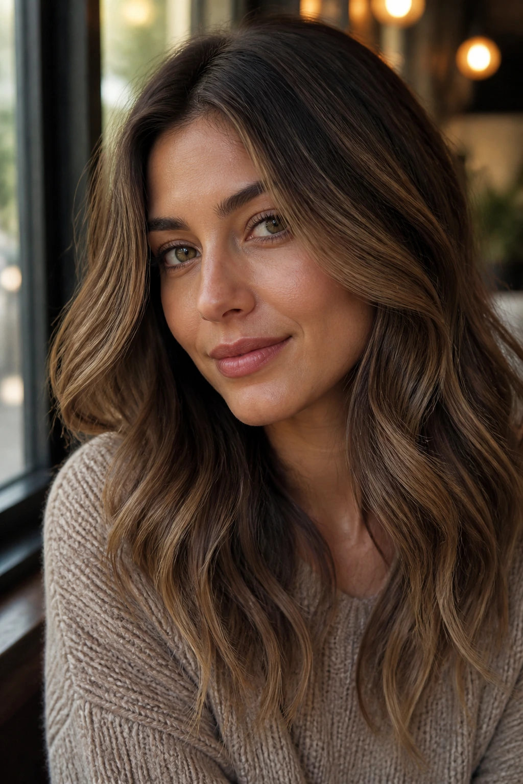 Taupe caramel blend highlights on hair in cafe window light