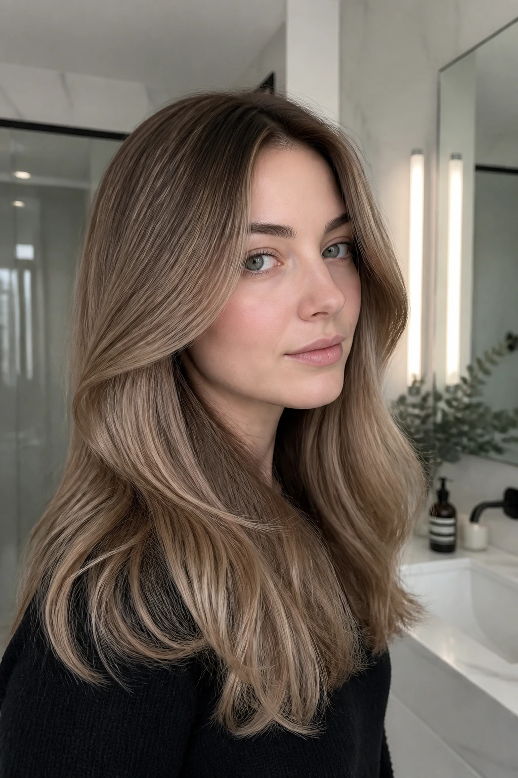 Close-up hair with taupe caramel melt shade on a real person