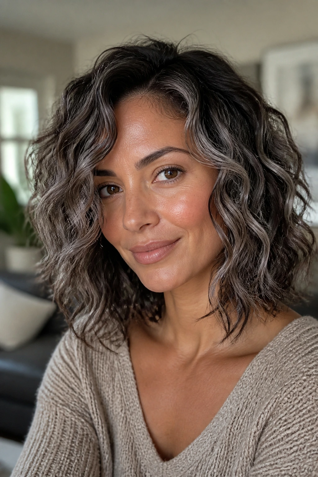 Close-up of a real woman with Curly Lob With Cool Taupe Dimension on tan skin