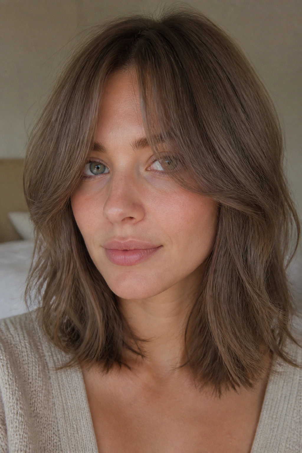 Close-up portrait of a real woman with taupe brown curtain bangs framing her eyes
